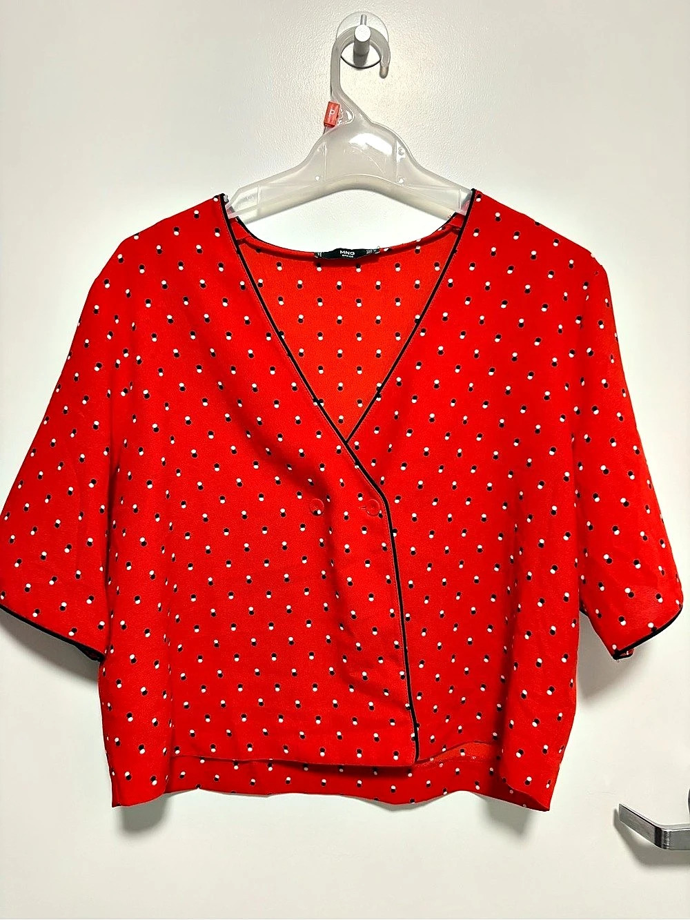 MNG by Mango Polka Dot Wrap Blouse in Red & Black Size Medium Like New
